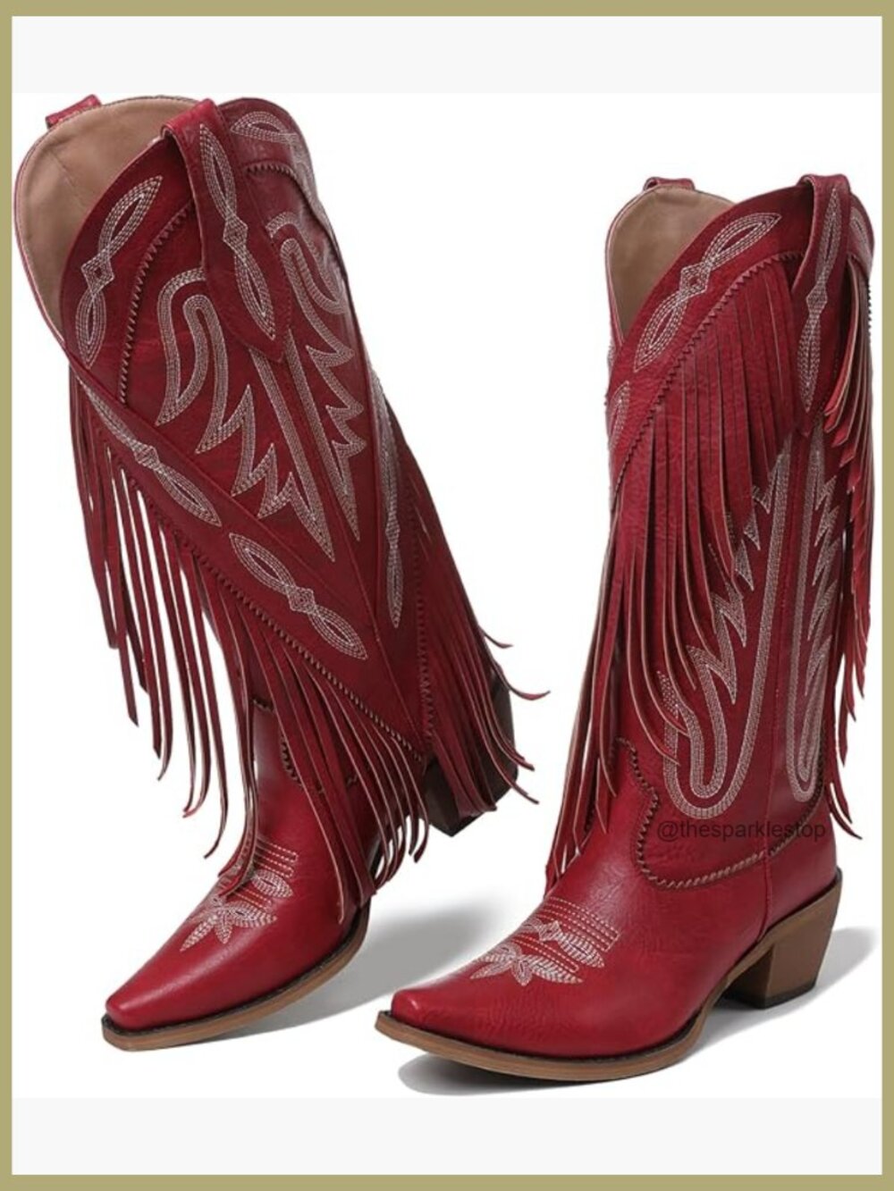 Retro Cowgirl Boots Pointed Toe Block Heel Fringe Embroidered Pull On Knee High